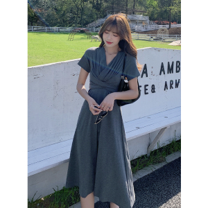 TR18702# 夏季新款韩版女装性感交叉V领收腰纯色短袖连衣裙 服装批发女装服饰货源