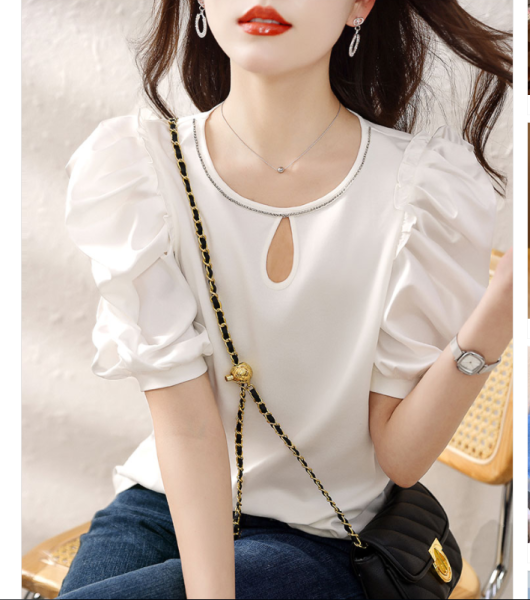 RM5687#夏季新款可爱气质镂空设计感小众短款衬衫女甜美泡泡袖衬衣