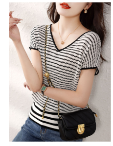 RM5688#夏季新款韩版气质针织衫百搭上衣女V领显瘦针织T恤女