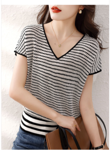 RM5688#夏季新款韩版气质针织衫百搭上衣女V领显瘦针织T恤女