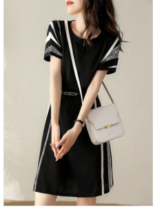 RM5689#夏季爆款气质时尚修身简约百搭拼接撞色显瘦短袖连衣裙女