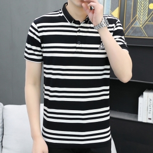 RM15970#夏季黑白条纹短袖t恤2023新款潮流修身弹力棉半袖海魂衫Polo衫