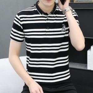 RM15970#夏季黑白条纹短袖t恤2023新款潮流修身弹力棉半袖海魂衫Polo衫