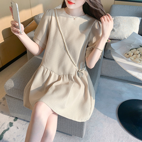RM4488#夏季拼接短袖通勤圆领灯笼袖韩版宽松短裙送挂件
