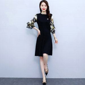 RY1449#韩版中长款收腰显瘦时尚气质七分袖A字连衣裙女士
