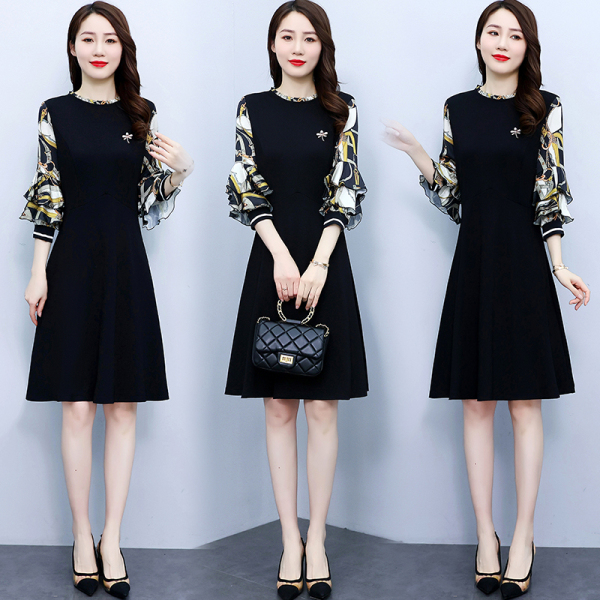 RY1449#韩版中长款收腰显瘦时尚气质七分袖A字连衣裙女士