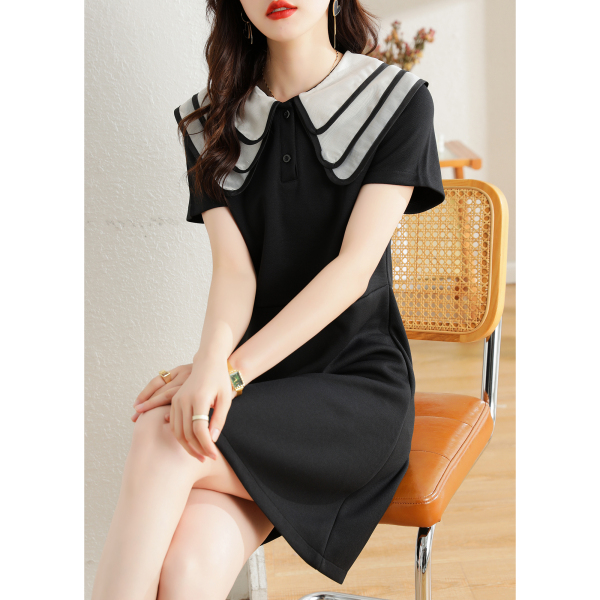 RM5326#娃娃领女夏季2023年新款法式黑色高级感减龄设计感a字连衣裙
