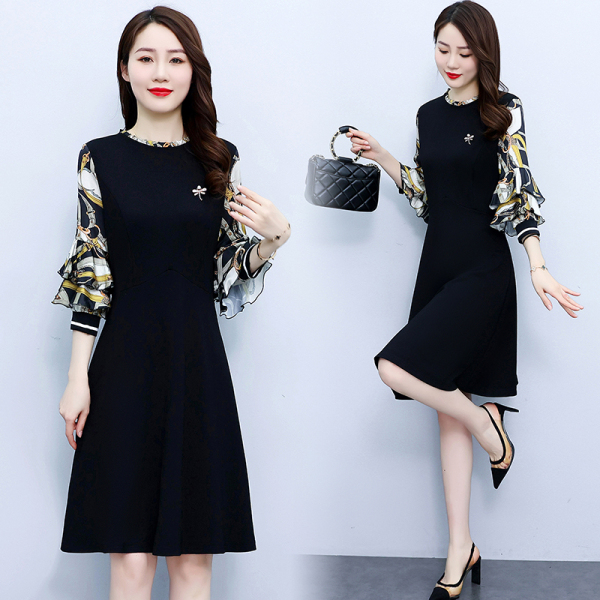 RM4709#新款韩版中长款收腰显瘦时尚气质七分袖A字连衣裙女士