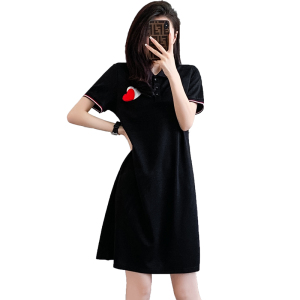 RM5864#Polo领短袖连衣裙大码连衣裙爱心贴图中长款T恤裙M-4XL