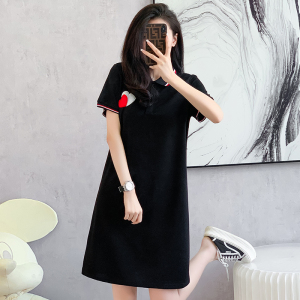 RM5864#Polo领短袖连衣裙大码连衣裙爱心贴图中长款T恤裙M-4XL