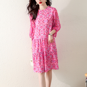 RM5391#碎花裙子女2023春装新款中长款度假裙显瘦减龄圆领印花连衣裙