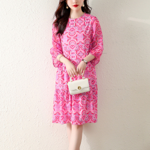 RM5391#碎花裙子女2023春装新款中长款度假裙显瘦减龄圆领印花连衣裙