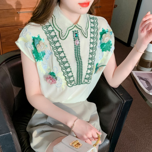 TR30967# 夏装新款娃娃领韩版短袖重工雪纺上衣女 服装批发女装批发服饰货源