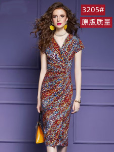 RM8597#碎花连衣裙女短袖夏季新款法式复古轻熟气质性感褶皱包臀裙