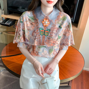 TR30969# 夏装新款娃娃领韩版短袖重工雪纺上衣女 服装批发女装批发服饰货源