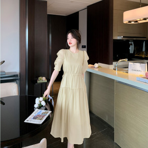 RM6040#法式温柔短袖气质褶皱泡泡袖仙女裙长款收腰显瘦连衣裙