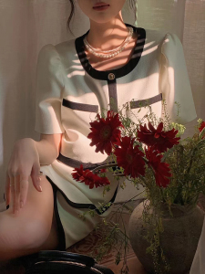 RM5859#夏季新款设计感撞色圆领短袖+A字裙短裙套装