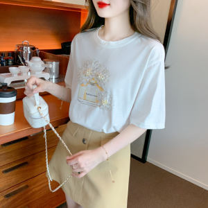 RM5240#夏季新款韩版宽松圆领套头纯棉T恤亮片短袖洋气上衣女