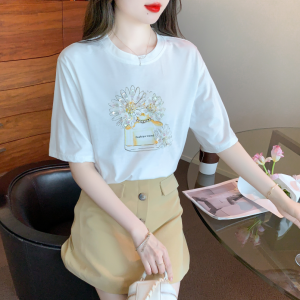 RM5240#夏季新款韩版宽松圆领套头纯棉T恤亮片短袖洋气上衣女