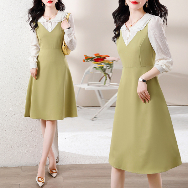 RM4484#新款春季女装气质优雅温柔风双层荷叶领假两件连衣裙