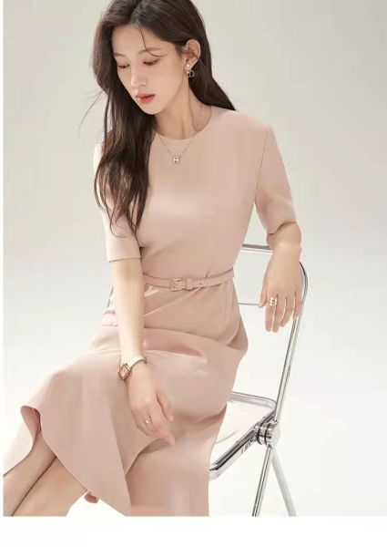 RM5242#法式圆领粉色收腰连衣裙2023夏季新款高档温柔系气质A字裙潮