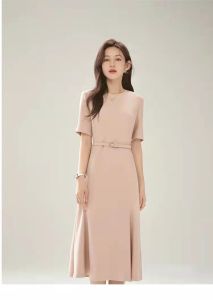 RM5242#法式圆领粉色收腰连衣裙2023夏季新款高档温柔系气质A字裙潮