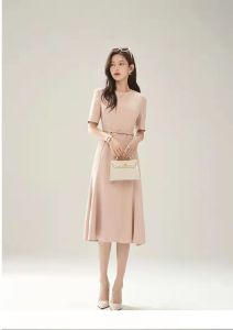 RM5242#法式圆领粉色收腰连衣裙2023夏季新款高档温柔系气质A字裙潮