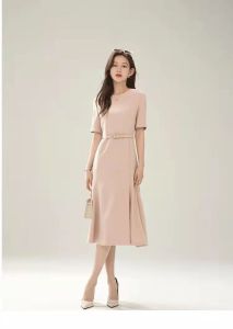 RM5242#法式圆领粉色收腰连衣裙2023夏季新款高档温柔系气质A字裙潮