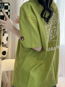 TR31672# 美式复古绿色日系正肩短袖T恤女夏设计感宽松字母情侣装半袖上衣