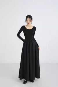 RM5243#法式灰色圆领针织拼接连衣裙女装2023春季新款设计高级感长裙