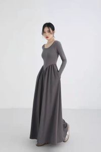 RM5243#法式灰色圆领针织拼接连衣裙女装2023春季新款设计高级感长裙