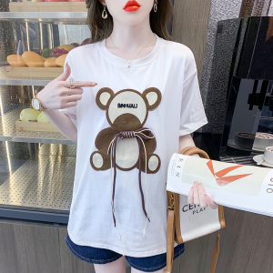 RM5188#时尚减龄白色宽松设计感绑带卡通小熊短袖T恤女ins潮休闲上衣