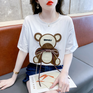 RM5188#时尚减龄白色宽松设计感绑带卡通小熊短袖T恤女ins潮休闲上衣