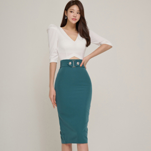 V-neck fashion short top temperament professional buttock skirt suit