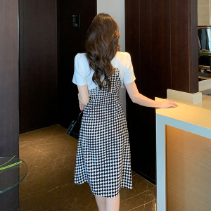 RM5313#圆领短袖连衣裙女春夏季2023新款时尚显瘦气质不规则法式开叉裙子