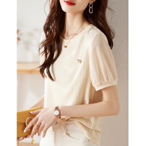 RM4859#纯色时尚立体胸针短袖上衣23夏季新款时尚网纱拼接T恤女