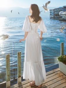 TR48939# 春新款女装白色连衣裙旅行穿搭拍照好看超仙女裙子度假沙滩裙  服装批发女装批发服饰货源