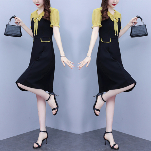 RM8733#夏季新款大码拼接显瘦淑女裙气质蝴蝶结减龄连衣裙