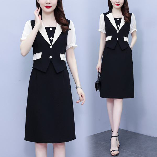 RM8738#夏季新款修身显瘦大码连衣裙时尚休闲假两件拼接裙
