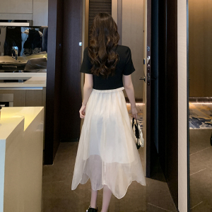 RM13212#夏季新套装连衣裙V领花边拼接短袖上衣网纱半身裙温柔两件套