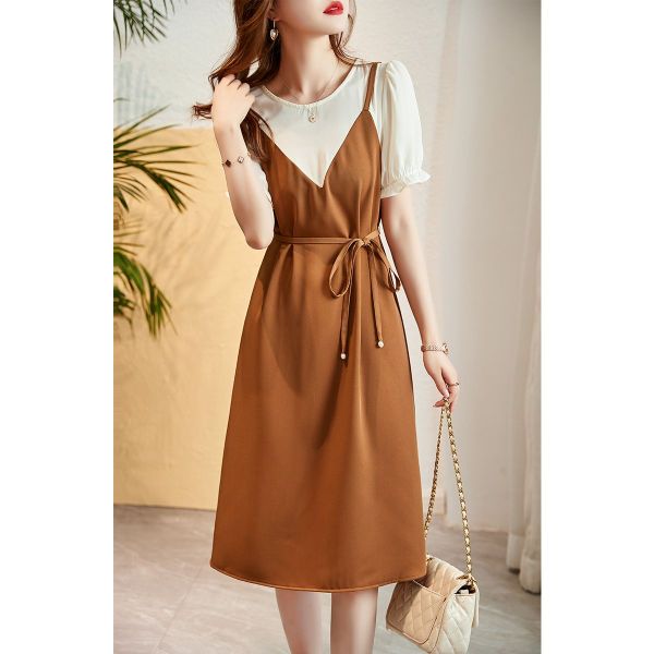 RM5373#夏季新款气质出众时尚拼色修身显瘦中长款清纯风假两件连衣裙