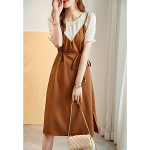 RM5373#夏季新款气质出众时尚拼色修身显瘦中长款清纯风假两件连衣裙