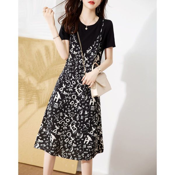RM4753#夏新品假两件遮肉吊带裙印花修身显瘦减龄时尚韩版女式连衣裙
