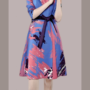 RM11898#系带印花长袖连衣裙春装女2023年新款气质收腰中长款裙子