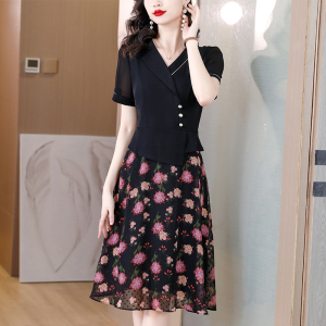 RM5970#夏季新款短袖连衣裙雪纺拼接裙子洋气收腰大摆