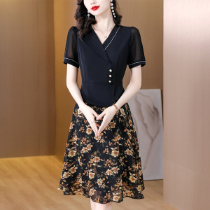 RM5970#夏季新款短袖连衣裙雪纺拼接裙子洋气收腰大摆