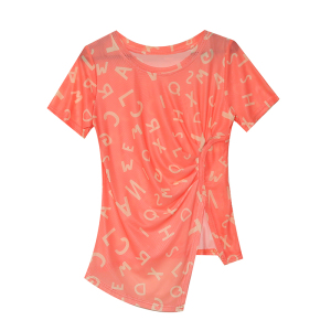 RM4740#夏装欧货时尚新款洋气网纱印花不规则修身小衫短袖T恤上衣女
