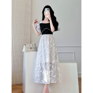 RM5456#夏季新款女装高腰显瘦法式复古气拼接质赫本风海边度假连衣裙