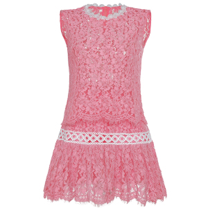 TR18672# 粉色蕾丝镂空拼接套装裙女夏无袖上衣高腰A字裙两件套 服装批发女装服饰货源