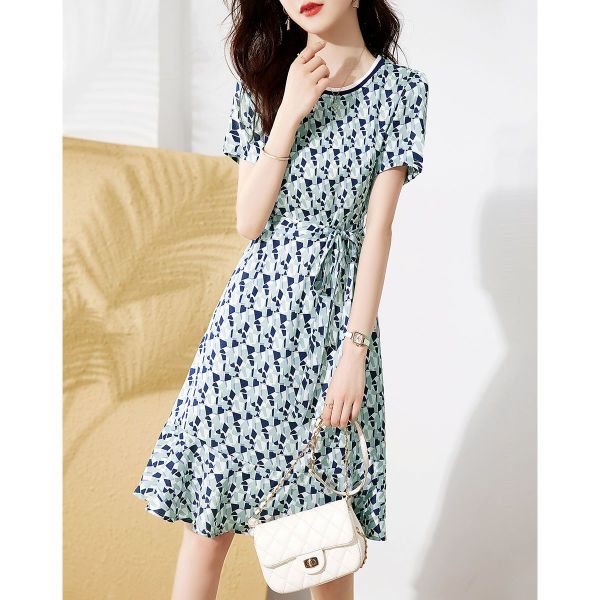RM4755#夏季新款简约通勤优雅气质女士时尚舒适圆领印花系带连衣裙